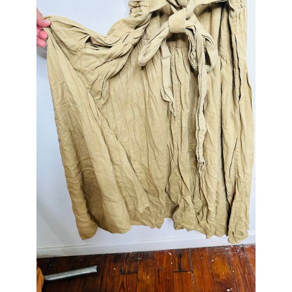 TOCCIN Women's Brown Khaki Square Neck Ruched Bodice Tie Waist Midi Dress Size 8 - Picture 11 of 16